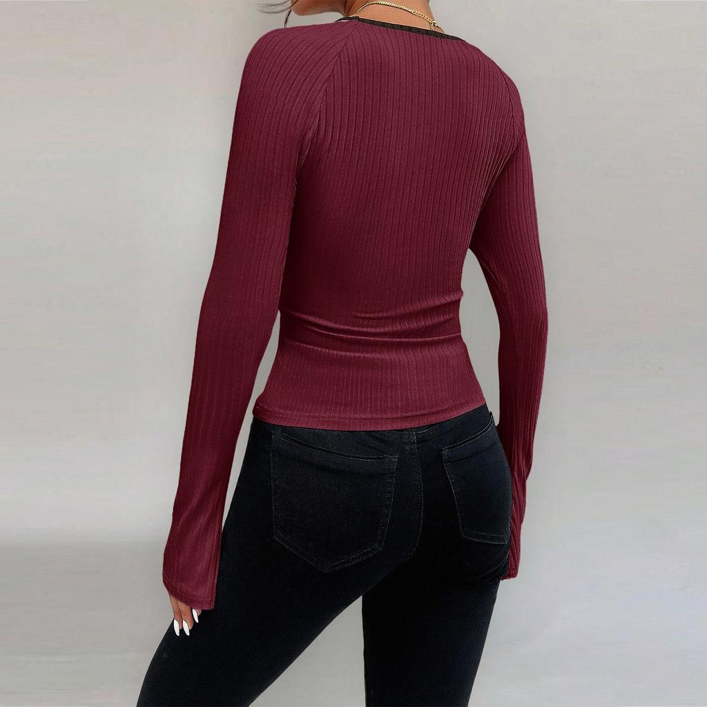Women's Fashion Long Sleeve U-Neck Knitted Bottoming Top