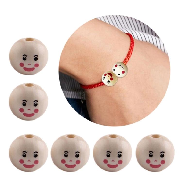 50Pcs Loose Round Wood Beads Face Jewelry DIY Children Beading Smile Beads