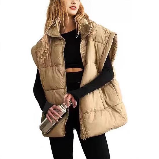Solid Color Zipper Sleeveless Winter Warm Vest Jacket Womens Pocket New Stand Collar Temperament Vest Doudoune Sans Manche Femme