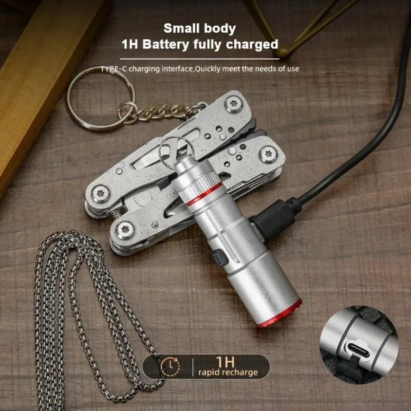 Multifunctional Mini Necklace LED Flashlight Pocket Aluminum Alloy Small Torch Type-C Rechargeable Emergency Lighting Torch