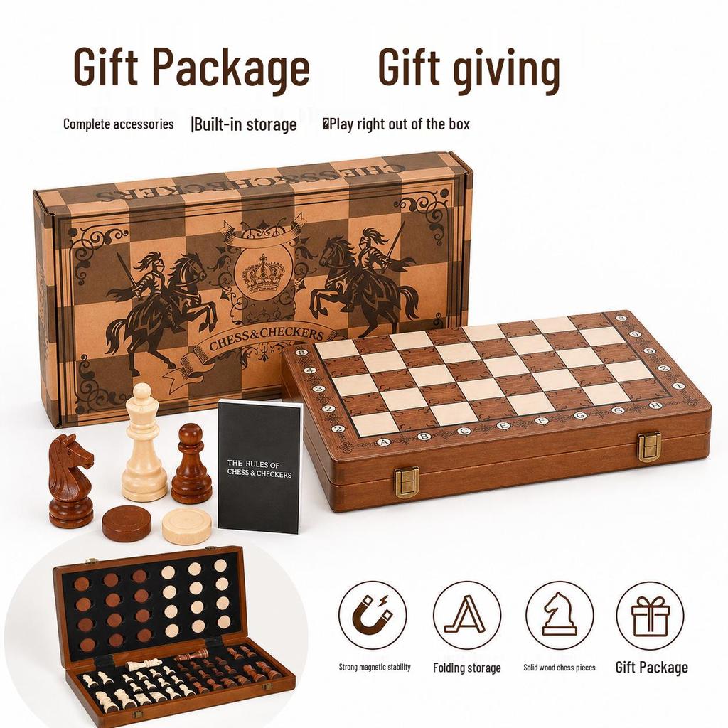 2-in-1 Wooden Folding Magnetic Chess & Checkers Board Game - Portable Tabletop Puzzle Toy