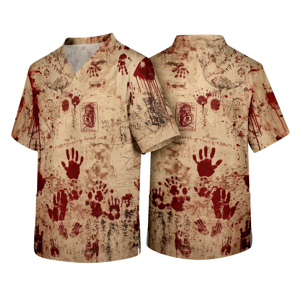 Men's V Neck Short Sleeve Halloween Print Pocket Scrub Top Lightweight Breathable Medical Uniform Shirt for Healthcare Professionals