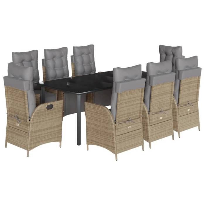 VidaXL 9-Piece Garden Dining Set with Cushions, Table and Chairs with Adjustable Backrest and Footrest 3213461