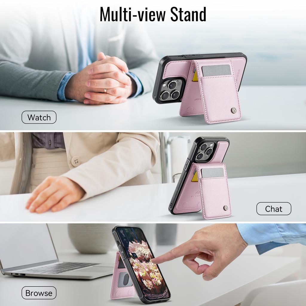 For iPhone 13 Pro Max 6.7 inch Leather Back Cover Compatible with MagSafe JEEHOOD J06 Phone Case with Card Bag RFID Blocking