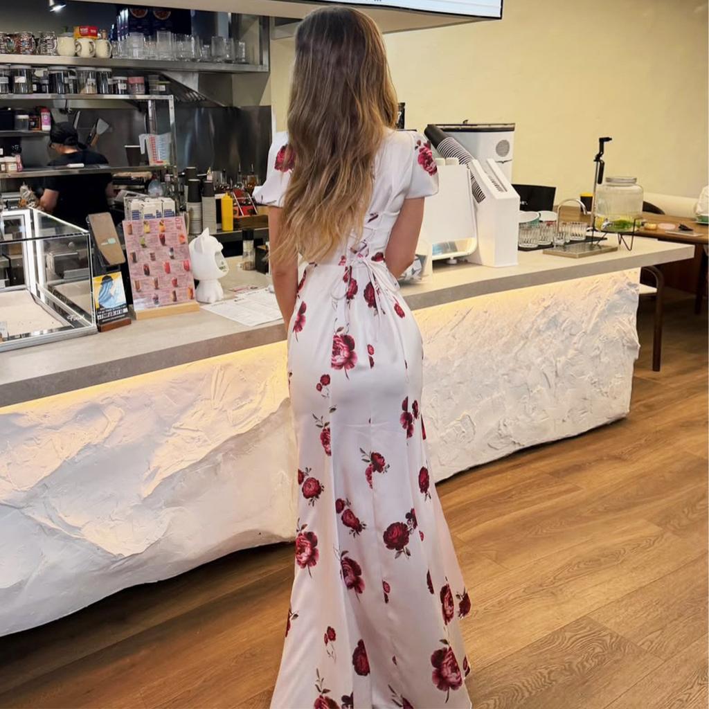 European and American Women's Clothing 2026 Summer New French Elegant Printing V-neck Bubble Sleeve High-waisted Fishtail Dress