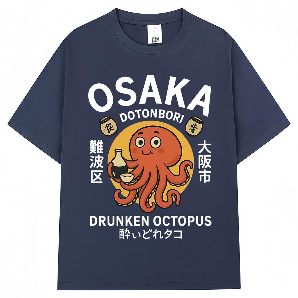 Japanese Style Drunken Octopus Osaka Graphic T Shirts Dotonbori Unisex Unisex Fashion Vintage Short Sleeve Oversized Cotton T Shirt