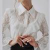 White Elegant Lace Women Shirt See Through Ruffled Fashion Spring Summer Loose Long Sleeve Blouse Female Hollow Out Lapel Fashion Sweet Tops