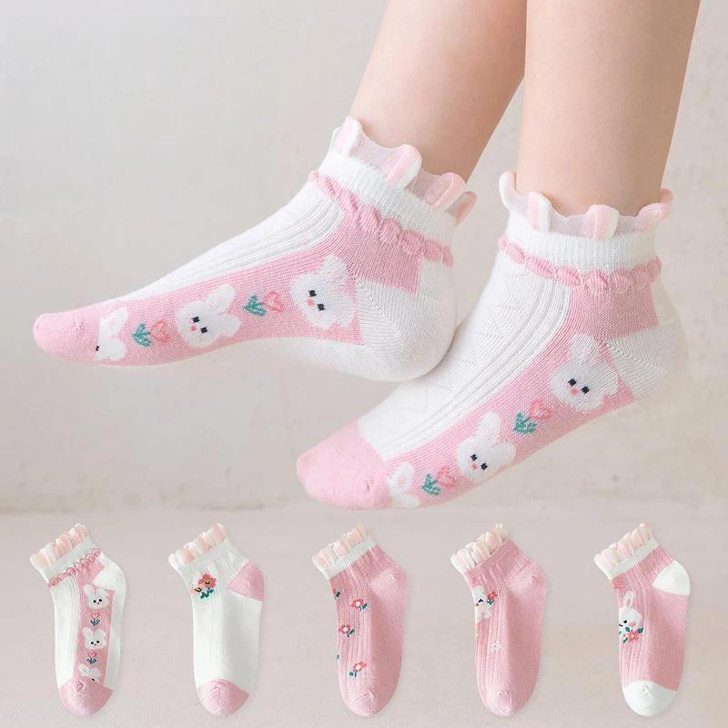 Children's Mid-Calf Socks 5 Pairs Cute Rabbit Floral Design Lace Edge Soft Elastic Socks for Toddler Girls All Seasons