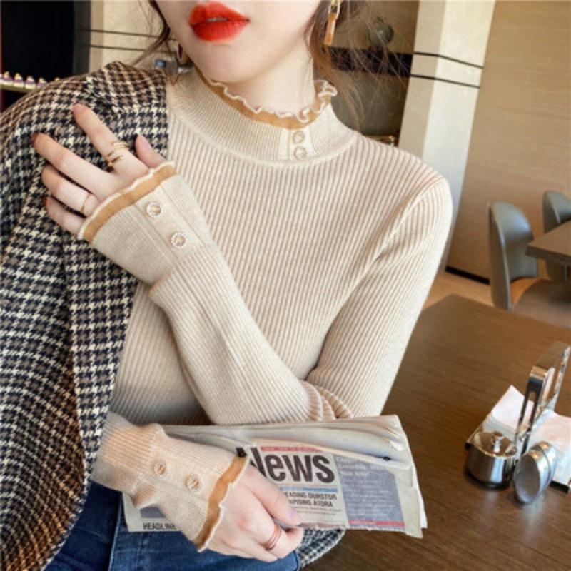 White Knitted Bottoming Shirt Women's Spring Autumn and Winter Fashion Inner Lace Semi-turtleneck Sweater Versatile Slim Top