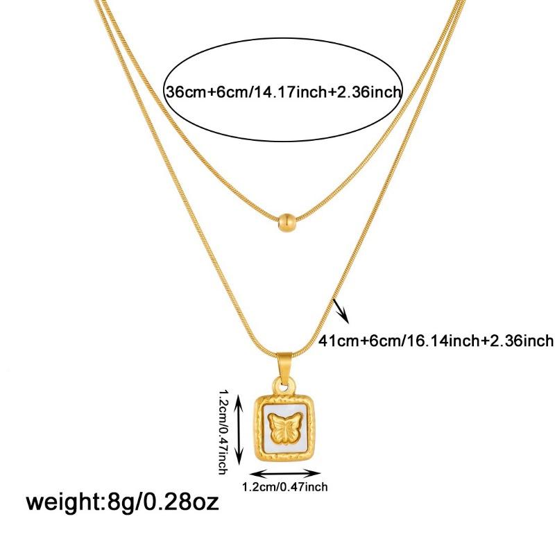 Layered Butterfly Pendant Necklace For Women Gold Plated Stainless Steel Shell Square Jewelry