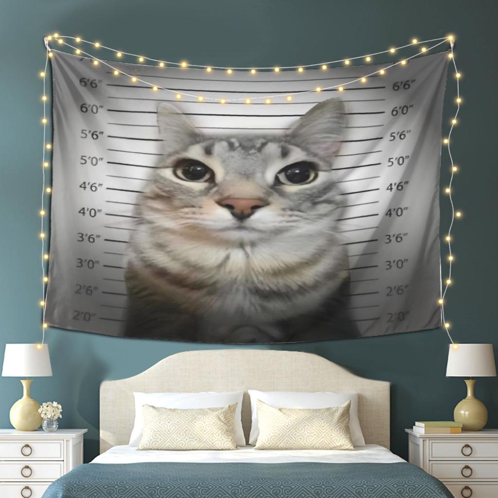 Funny Cat Imprisoned Mugshot Tapestry Fun Police Station Headshot Home Decor Room Decoration Wall Art Living Room