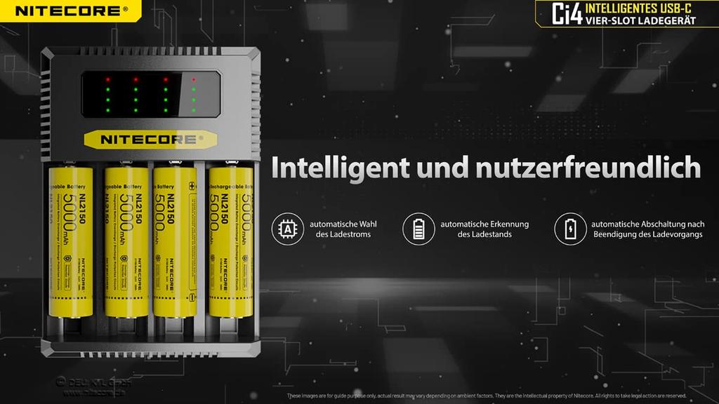Nitecore Ci4 Vier-Schlitz USB-C Smart Charger für Li-Ion, Ni-Cd und NiMH Akkus