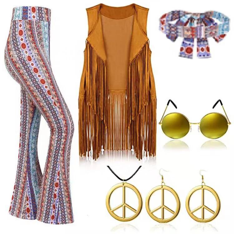 Women Peace Love Girls Hip Indian Retro Hippie Disco 60s 70s Cosplay Costume Tassels Vest Pants Cardigan Halloween Stage Party