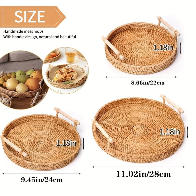 1pc, Basket, Handmade Wicker Serving Tray, Rattan Fruit Platter And Heat Insulation Pad, Rustic Farmhouse Decor, Round With Handles, Various Sizes