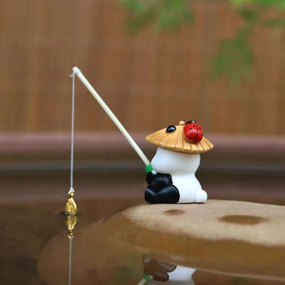 Mini Fishing Decorative Ornaments Fish Tank DIY with Fishing Rod Panda Fishing Ornaments Cartoon Landscaping Ornaments