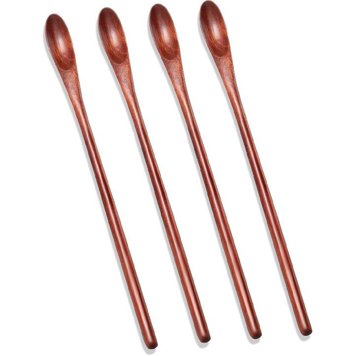 4 Pieces Wooden Coffee Mixing Spoons Long Handle Cocktail Spoons Wood Iced Tea Spoons Small Stirring Spoon for Mixing Coffee Tea Beverage, 7.87 Inch