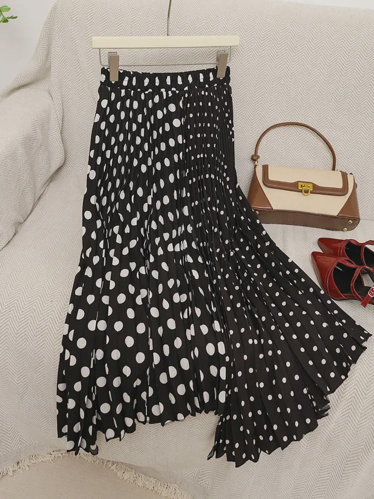 Retro Hong Kong Polka Dot Patchwork Midi Skirt: Elastic Waist, Irregular A-Line, Versatile Pleated Skirt for Women