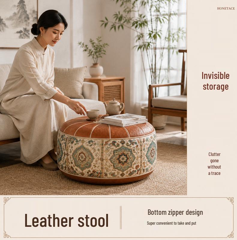 Dunhuang Style Leather Storage Stool - Multipurpose for Clothes, Toys, or Seasonal Items, Perfect as a Living Room Sofa Seat