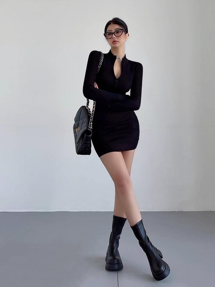 Black Long Sleeve Dresses for Women Sexy Club Bodycon Mini Dress Y2k High Waist Ladies Korean Short Dress Basic Autumn Winter
