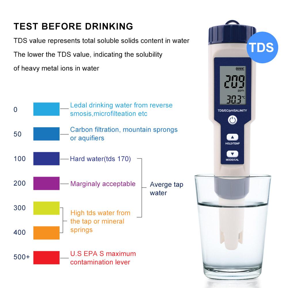 5 In 1 Digital Water Quality Monitor Tester Tds/ec/ph/salinity/temperature Meter For Swimming Pool Drinking Water Aquarium