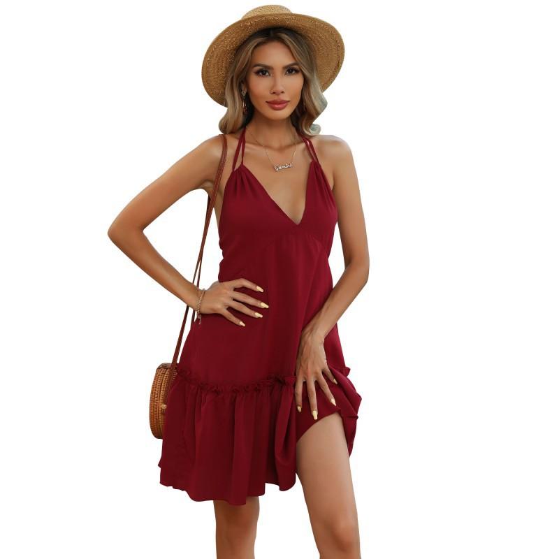New summer vacation pleated dress sexy solid color strap suspender skirt