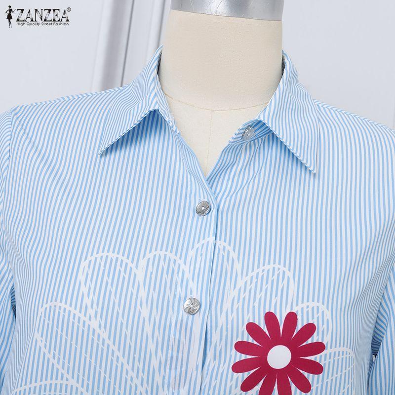 ZANZEA Women Floral Print Casual Turn Down Collar 3/4 Sleeve Stripe Shirt Dress