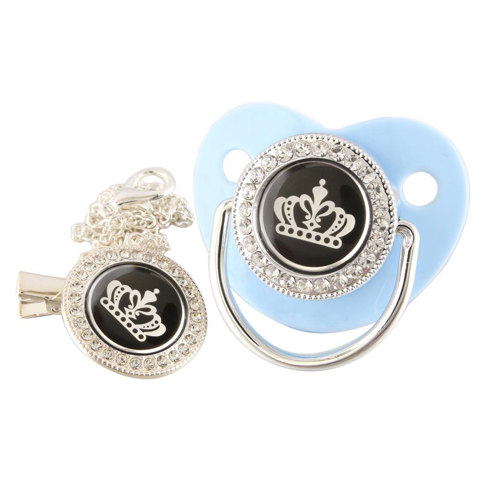 High-End Gold Diamond Baby Pacifier with Cartoon Crown and Chain Clip