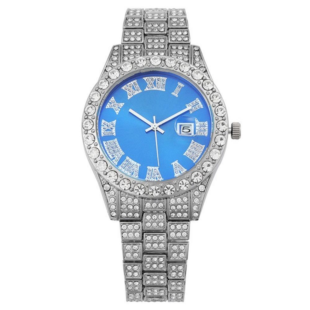 Men's Hip Hop Trendy Fashion Large Dial Diamond Cuban Chain Watch Set