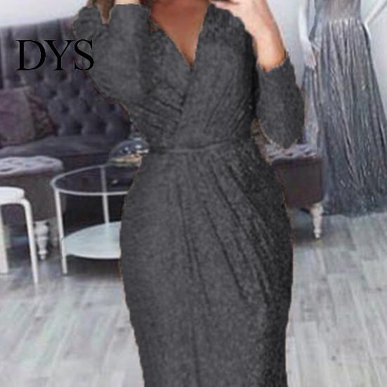 A-Linie Silhouette Cocktailkleid Damen Abend Deep V-Ausschnitt Pailletten-Dekor Lange Ärmel Elastische Taille Plissiert Hohe Absätze Kombinieren Geschlitzter Saum Uni