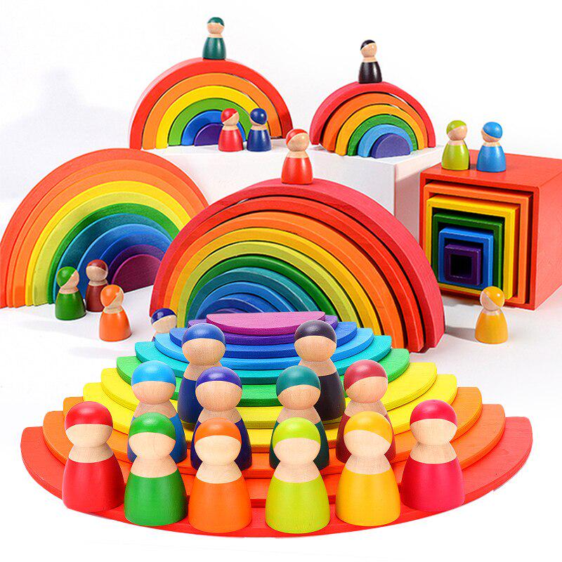 DIY Rainbow Blocks Baby Wooden Toys Large Size Rainbow Stacker Creative Building Blocks Montessori Educational Toys Wooden Toy
