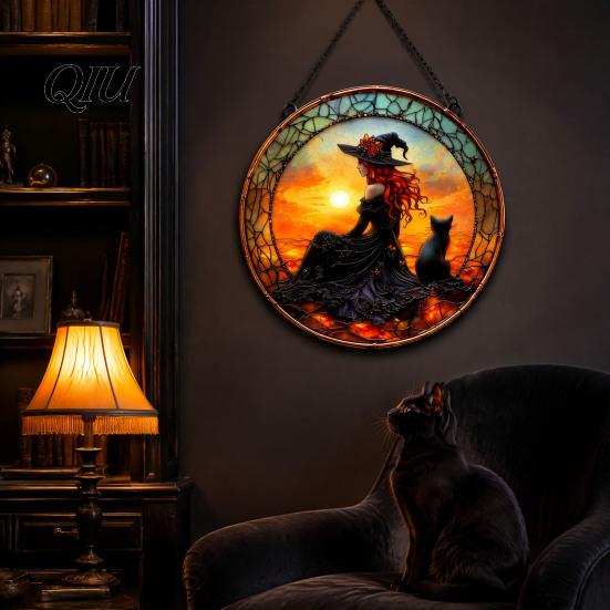 Unique Birthday Gift for Her Halloween Moon Black Cat Suncatcher Jigsaw Puzzle, 2D Acrylic Mystical Feline Window Hanging Educational Handmade Art Kit