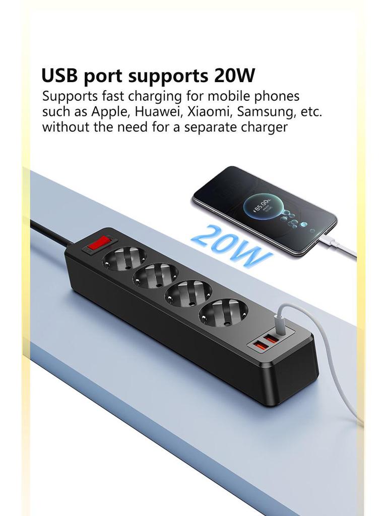 2500W European Power Strip with Switch, Lightning & Surge Protection, German Standard Socket