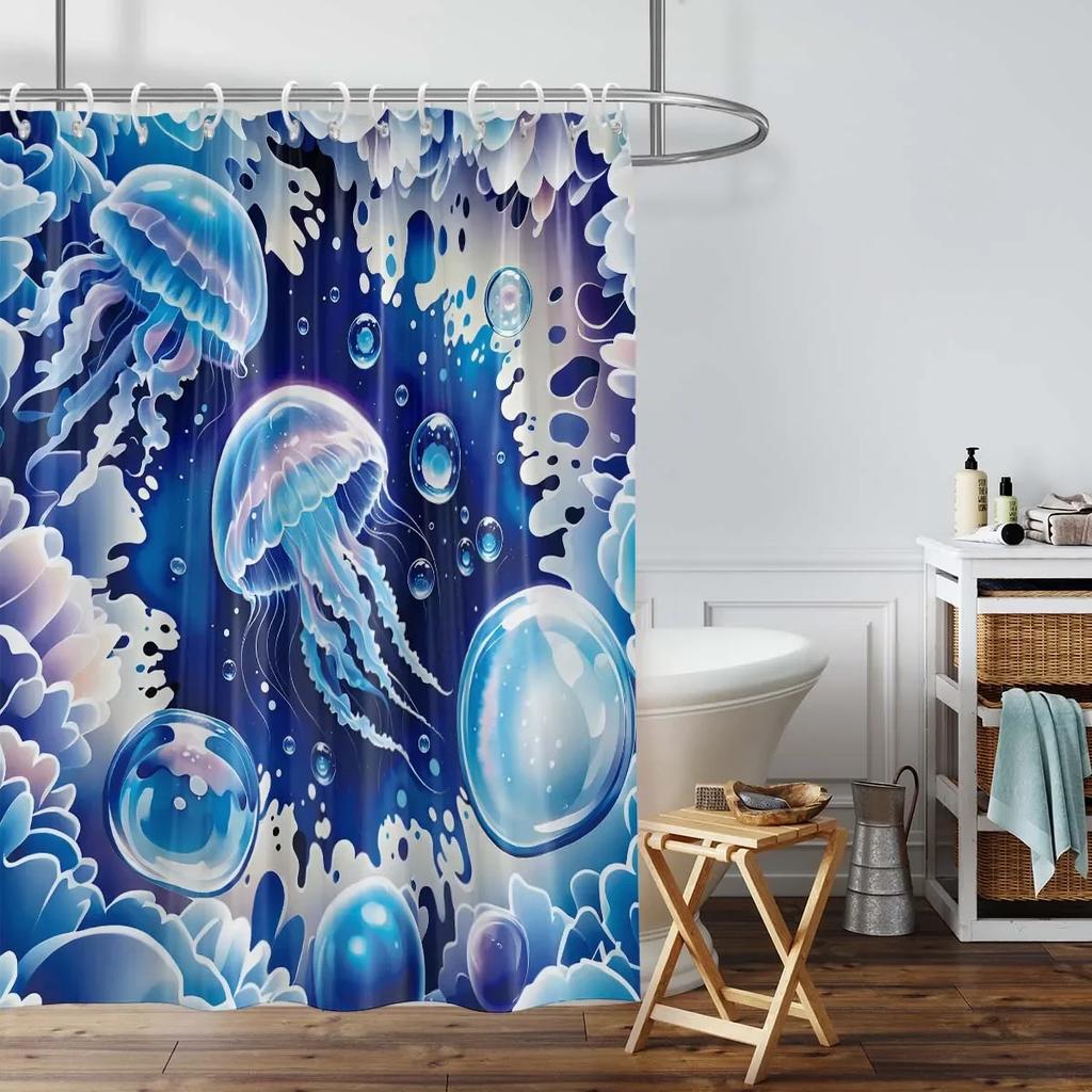 1PC watercolor jellyfish pattern shower curtain, with 12 hooks, for bathroom shower, fashionable bathroom decoration product