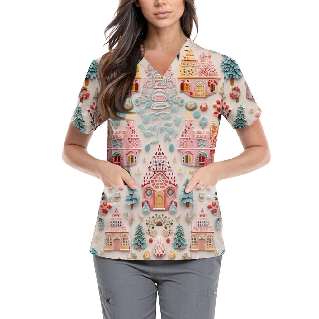 Women's Cute Printed Work Clothes V-neck Double Layer Pockets Basic Short Sleeve Top Pullover Valentines