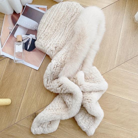 Thick real fox fur scarf cap Luxury women's cap hand knitted real rex rabbit fur hat scarf Girls winter warmth outdoor ski cap