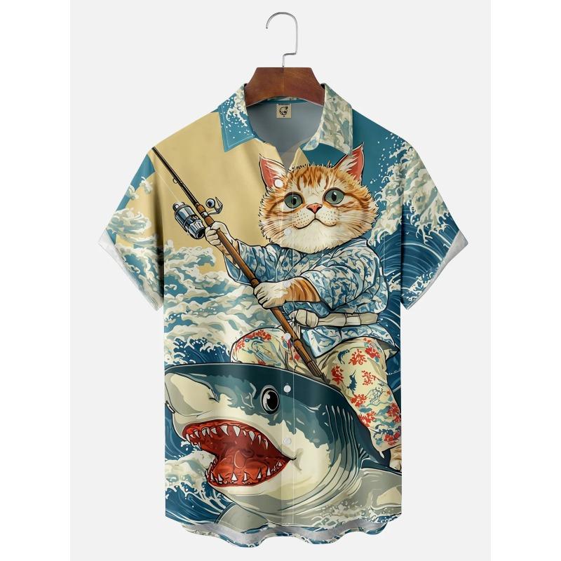 Retro Short Sleeve 3d Print Shirt Summer Casual Fun Hawaiian Ukiyoe Kitten Fishing Shark Print Lapel Short Sleeve Shirt
