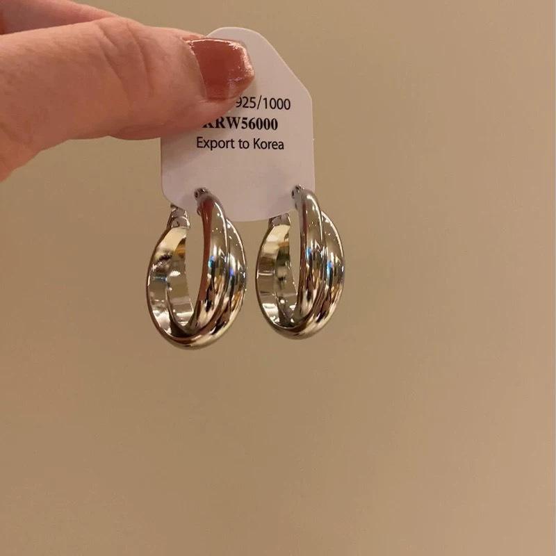 Minimalist Silver Double Layer Large Earrings Women's Summer Versatile Square and Round Face Plain Hoop Earrings
