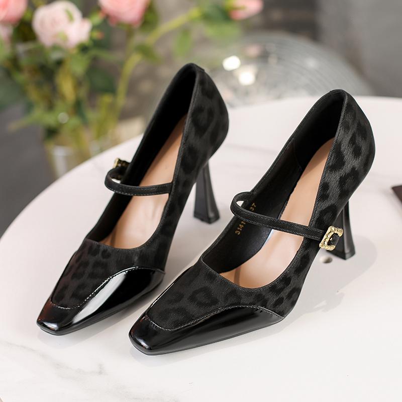

High Heels Women Spring and Autumn New French Black Leopard Retro 2026 Mary Jane Shoes Square Toe Single Shoes 35 чёрный