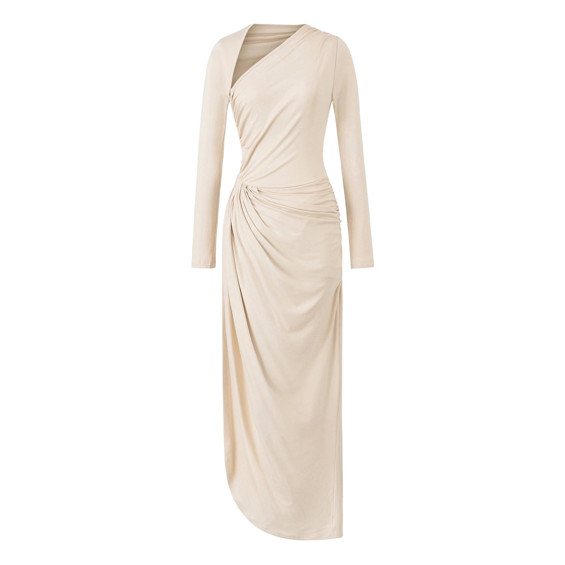 

Asymmetrical Long Pleated Dress, Designer-Inspired, Yù Jiě Style, Waist-Cinched, Slim-Fit, Hip-Hugging, Long Sleeves, High-End Formal Wear. Large абрикосовый