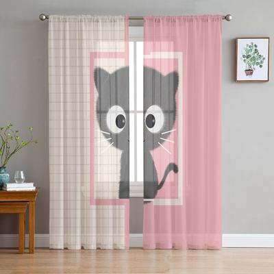 Cartone Animato Gatto Rosa Carino Tende da Finestra Soggiorno Tende in Tulle Decorazione Cucina Tenda per Cameretta Trattamento Finestra