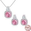 Charming Real 925 Sterling Silver Cubic Zirconia Jewelry Set Pink CZ Square Pendant Earrings Jewelry Set for Women Banquet