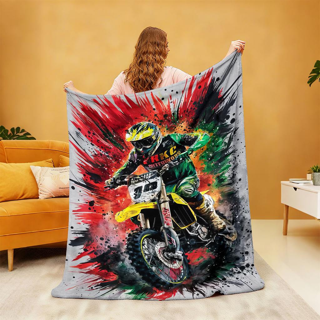 1 Piece Graffiti Style Street Motorcycle Printed Flannel Blanket Multiple Sizes Soft Comfortable Gift Blanket, Machine Washable