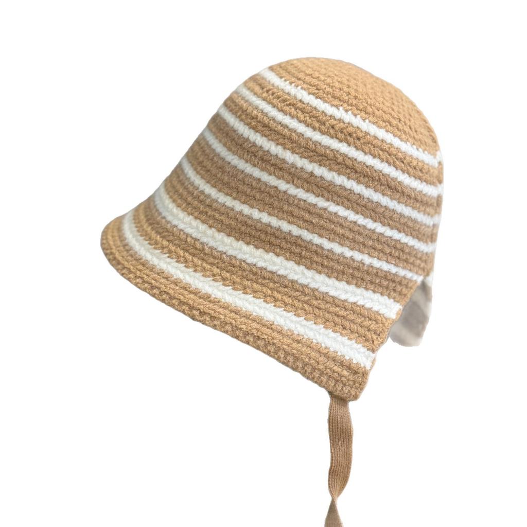 New Korean Style Striped Lace up Knitted Pullover Hat for Women Spring and Autumn Fashion Versatile Face Showing Small Woolen Fisherman Hat Trendy