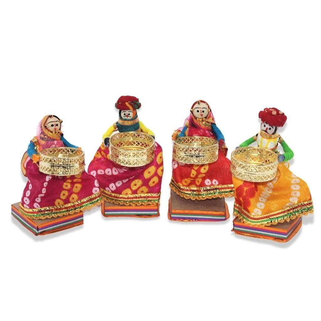 Suport pentru lumânări cu candelabric pentru păpuși în picioare reciclate Martial Rajasthani, multicolor (2 perechi)(4 suporturi pentru lumanari)