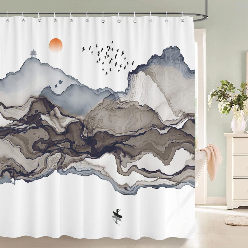High Quality Shower Curtain Printing Chinese style Ink landscape Waterproof Bathroom Curtains Decor Polyester Fabric with Hooks W90xH180cm
