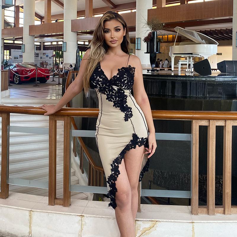 Women Sexy Deep V Neck Party Club Evening Lace Slim Backless Hot Girl Midi Dress