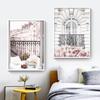 Wall Art Canvas Painting Pink Flowers Paris Windows Balcony Tower Nordic Prints  And Posters Wall Pictures For Living Room Decor