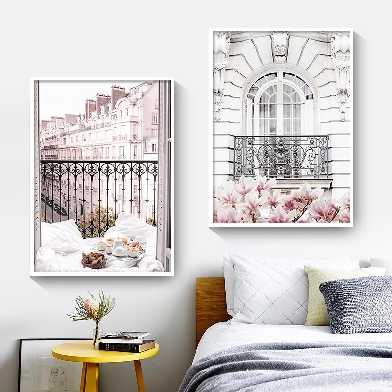 Wall Art Canvas Painting Pink Flowers Paris Windows Balcony Tower Nordic Prints And Posters Wall Pictures For Living Room Decor