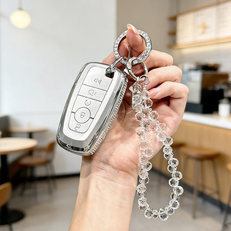 [ Side Diamonds ] 4 Buttons TPU Car Key Case Cover Shell Fob for Ford Fusion Edge Escape Explorer Taurus Expedition Ranger F-150