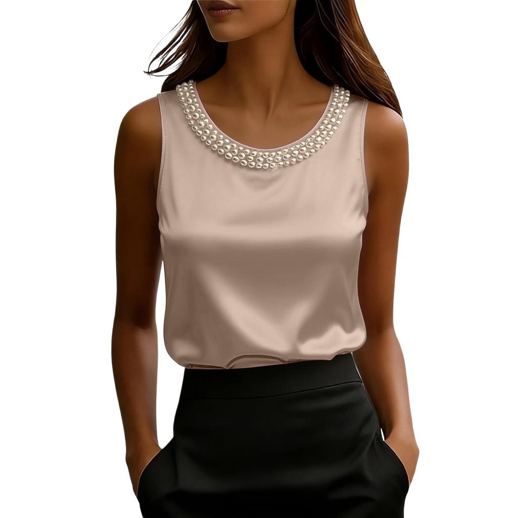 Women's Fashion Satin Pearl Round Neck Short Sleeve T-Shirt Casual Top